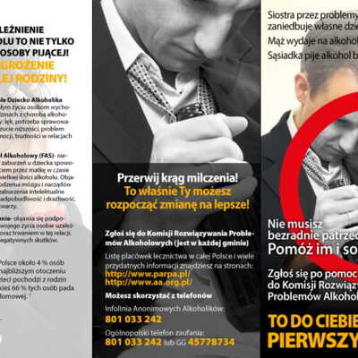 Ulotka: Profilaktyka alkoholizmu w rodzinach, promocja procedury zobowiązania do podjęcia leczenia odwykowego