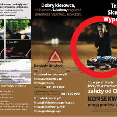 Ulotka: Profilaktyka prowadzenia pojazdów w stanie zwiększającym ryzyko wypadków drogowych, z naciskiem na nietrzeźwość kierowcy