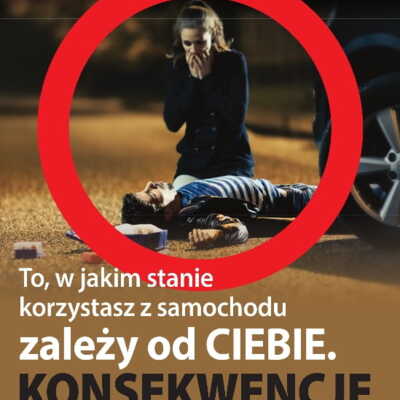 Plakat: Profilaktyka prowadzenia pojazdów w stanie zwiększającym ryzyko wypadków drogowych, z naciskiem na nietrzeźwość kierowcy